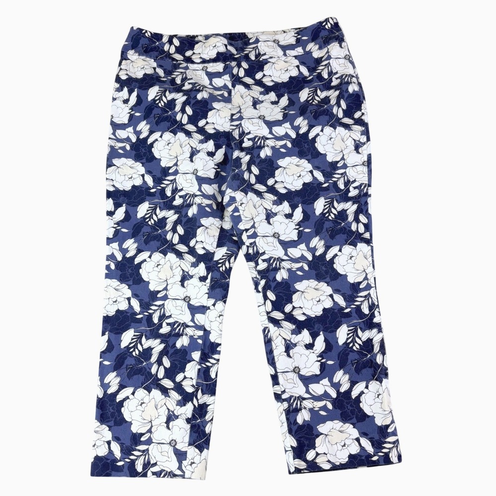 Chico's 2 US L Blue White Floral So Slimming Crop Pants Stretch Pull On Cottage